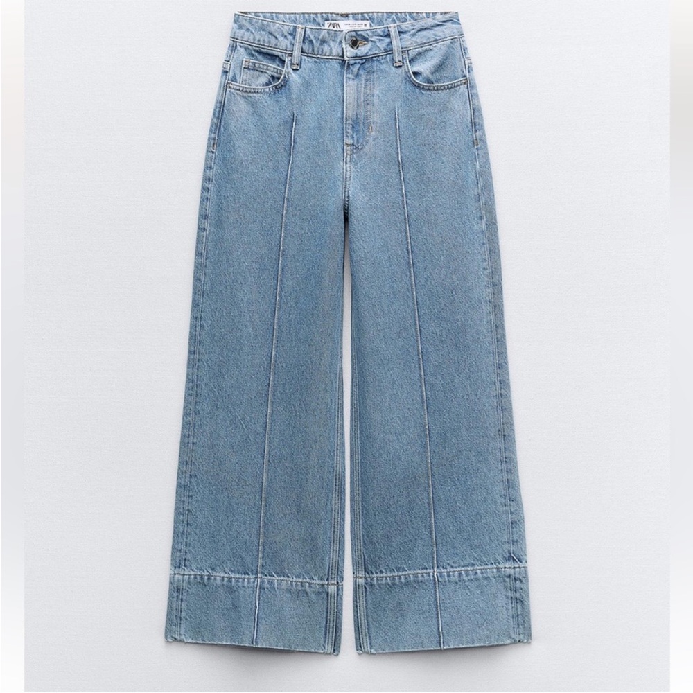 Zara Blue Flare Wide-Leg Jeans with Raw Hem